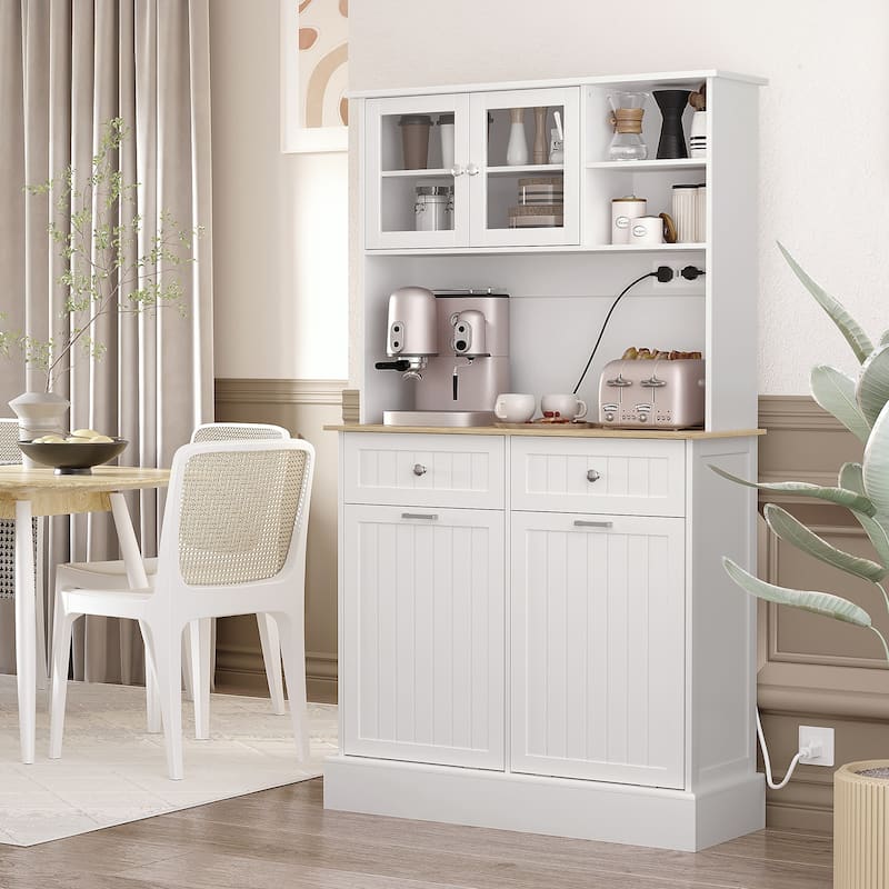68" Kitchen Pantry Storage Cabinet with Charging Station, 2 Tilt Out Trash Cabinets and Microwave Stand