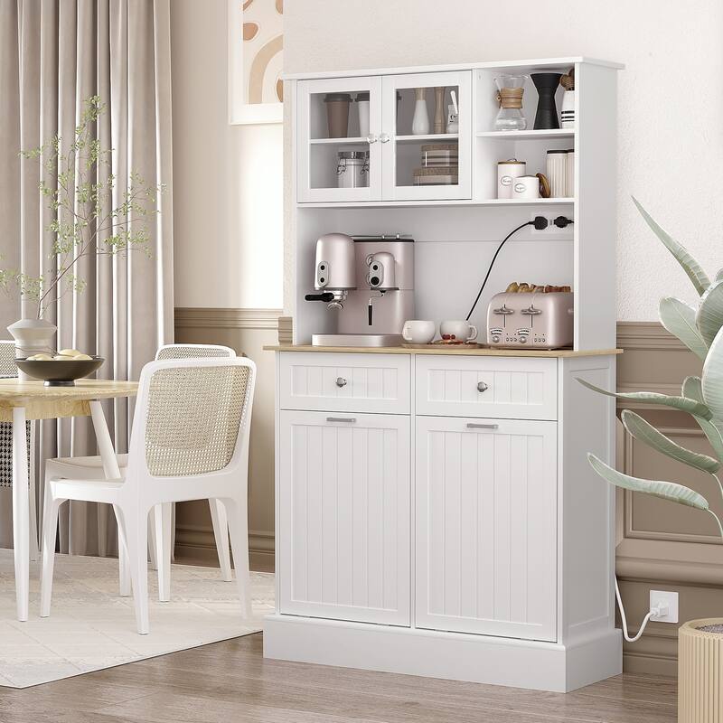 Modern Storage Cabinet with Charging Station, Glass Doors and Adjustable Shelf