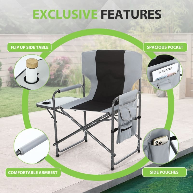 Aluminum Foldable Director Chair with Side Table & Storage Pocket, Lightweight Camping Chair with Sturdy Armrests for Camping