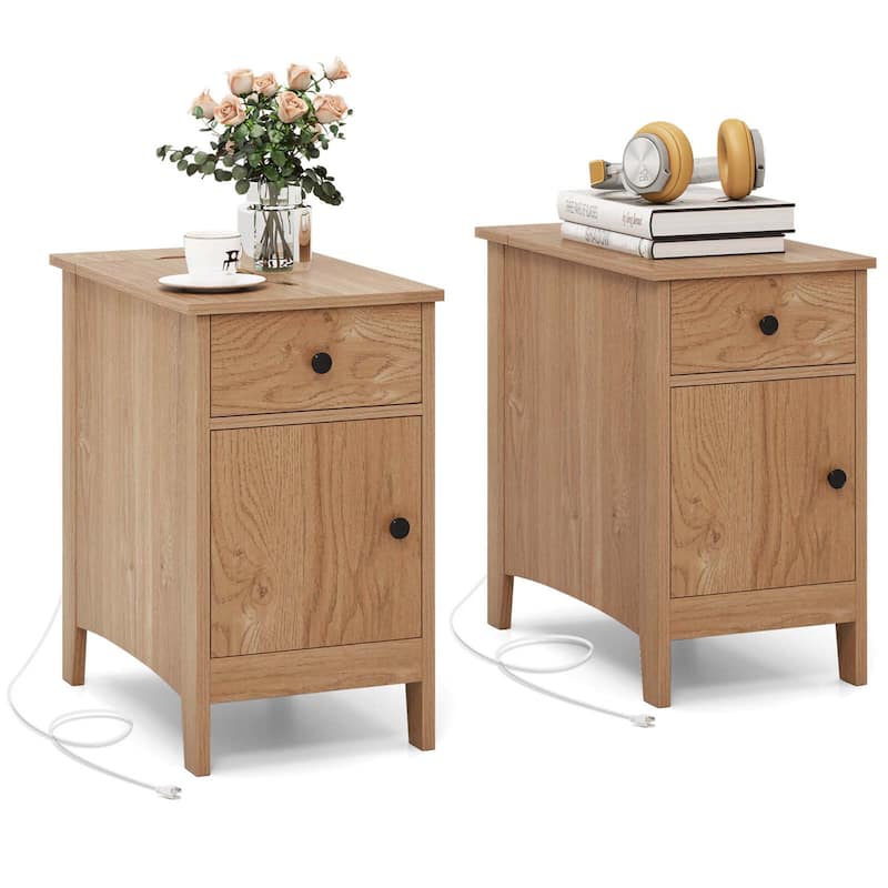 Costway 1/2 PCS End Table with Charging Station Flip Top Bedside Table - 2 PCS