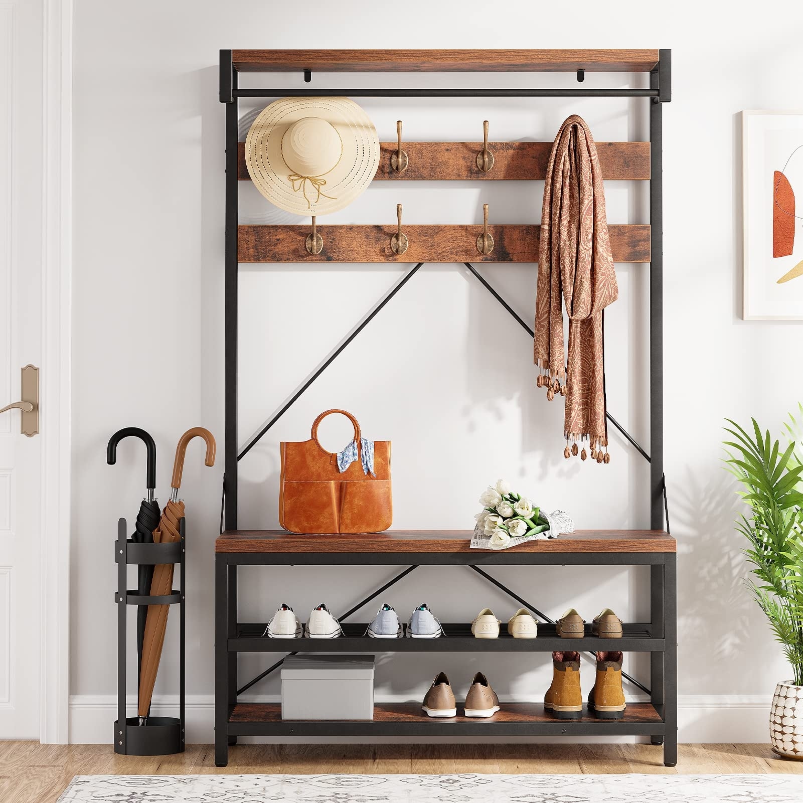 Industrial Brown Entryway Coat Rack with Shoe Bench 3 in 1 Functional Hall Tree 15.74 D x 39.97 W x 72 H