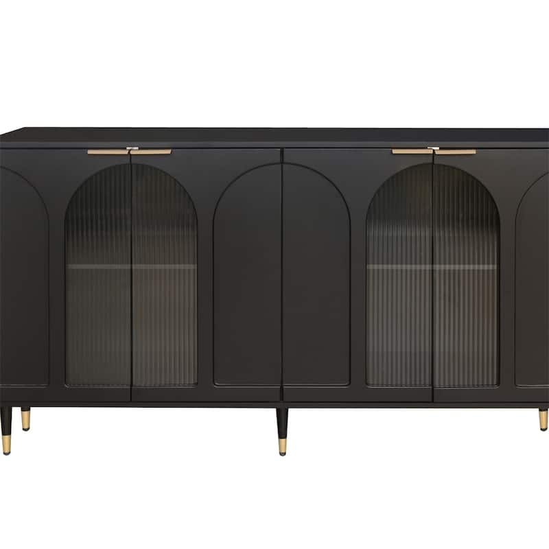 Accent Cabinet Black Lacquered Wooden Cabinet w/ 4 Glass Doors Buffet