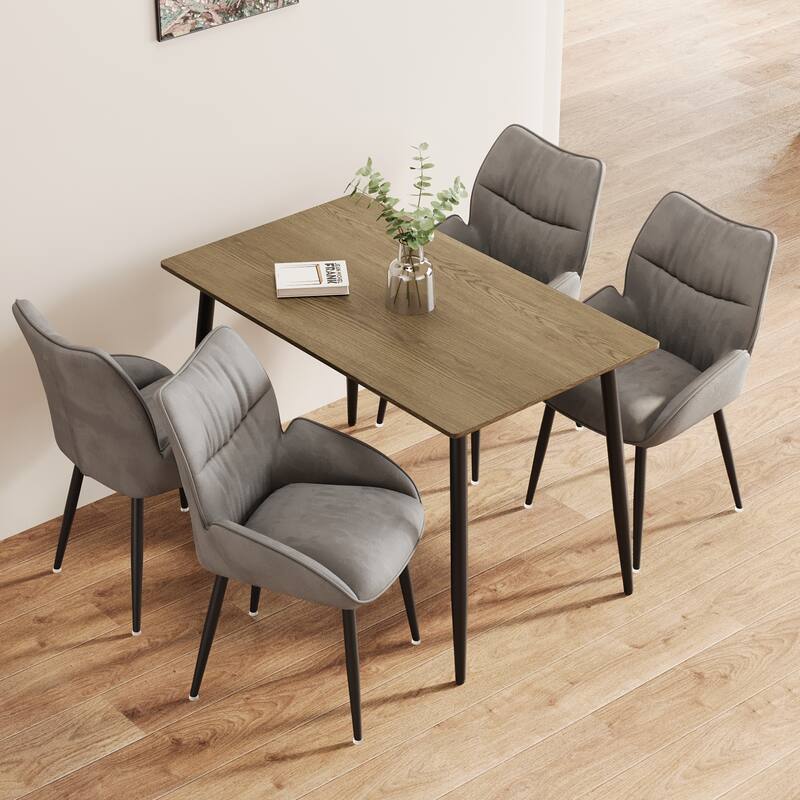 Stylish Dining Table Set for 4-6 People, 5-Piece Modern Wood Grain Table and Velvet Plush Chairs with Black Metal Legs