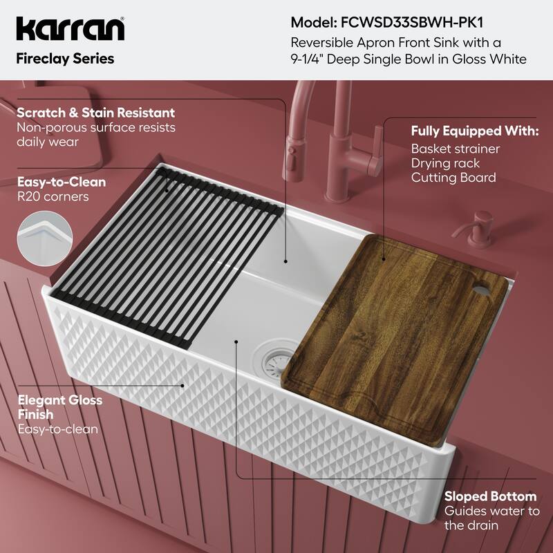 Karran 33" Single Bowl Workstation Fireclay Kitchen Sink with Reversible Diamond/Flat Apron Front