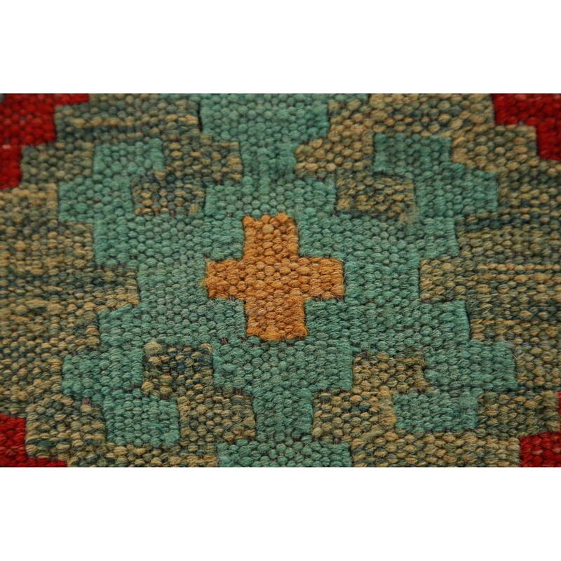 Geometric Kilim Oriental Runner Rug Hand-Woven Wool Carpet - 2'7" x 16'2"
