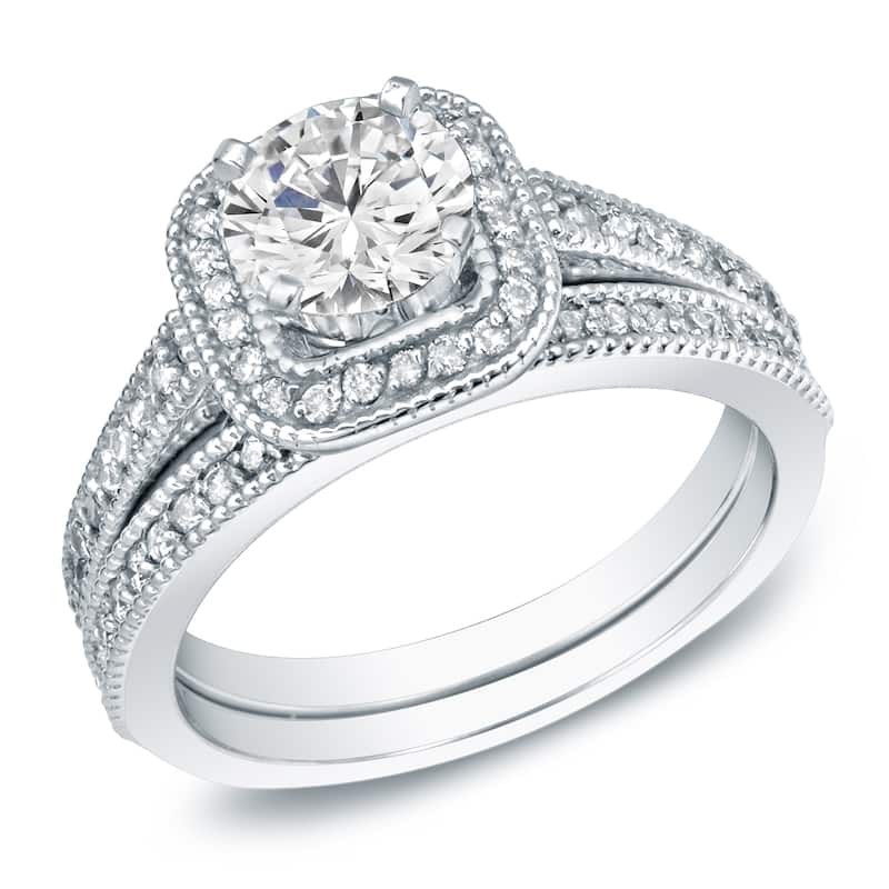Auriya 14k Gold 1ctw Vintage Halo Diamond Engagement Ring Set