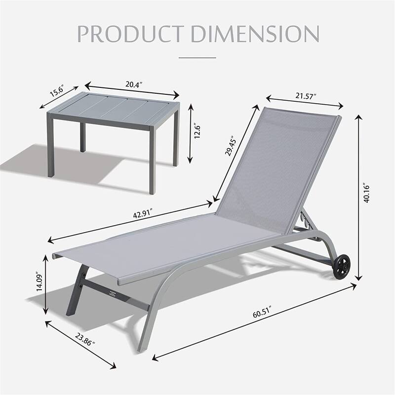 Outdoor Chaise Lounge Set of 3 Adjustable Patio Recliners with Wheels and Side Table for Poolside Beach or Garden