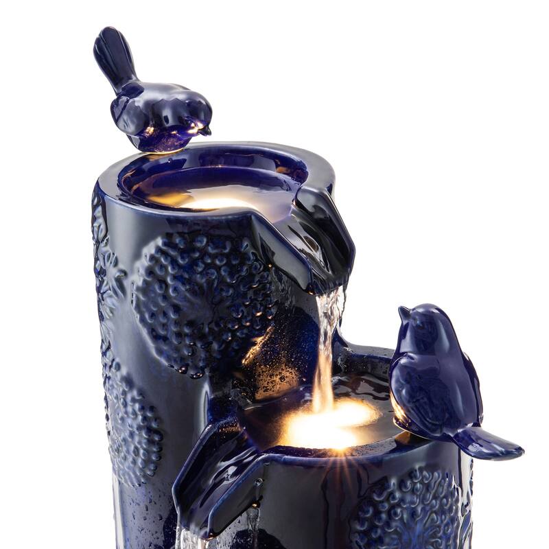 Glitzhome 27" H 4-Tier LED Ceramic Outdoor Floor Fountain with Birds, Cobalt Blue Turquoise Dandelion Texture Vase-Shaped