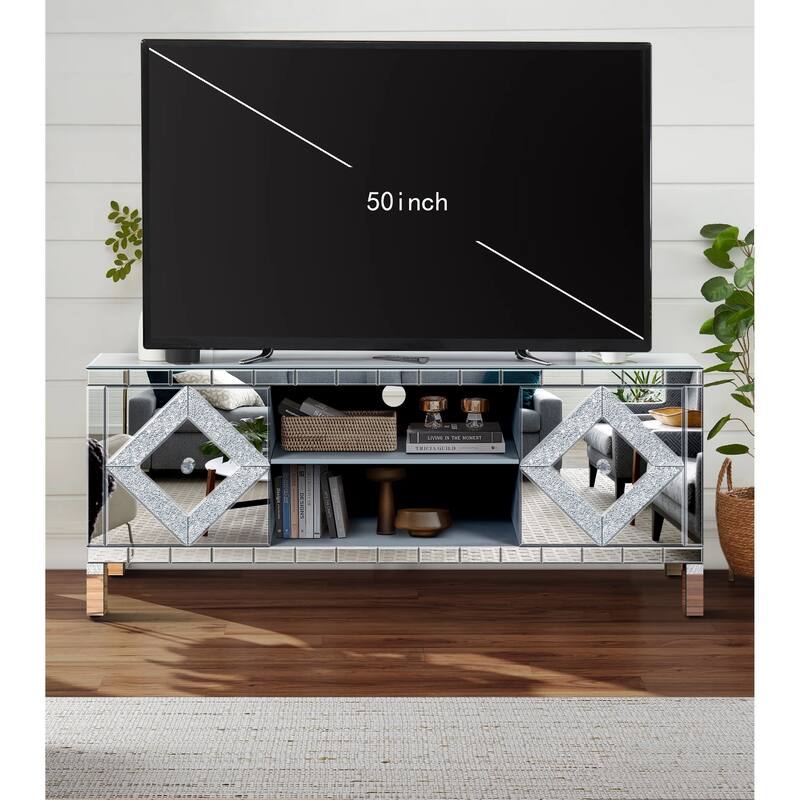 Modern Mirrored Crushed Diamond TV Stand, for 50-Inch TVs with 2 Cabinets and 2 Open Storage Spaces, for Living Room