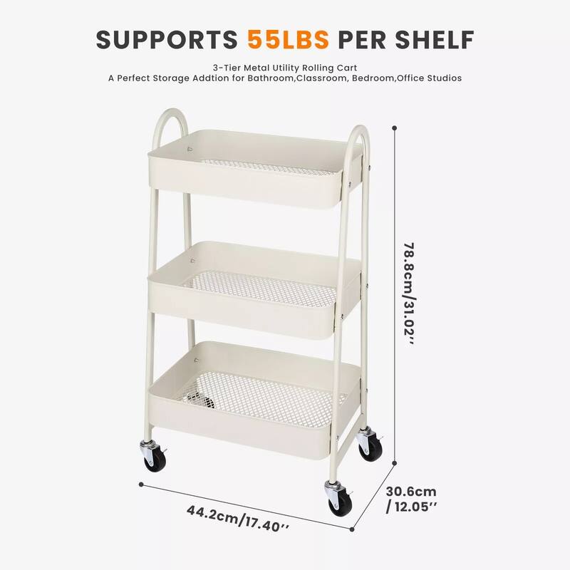 3-Tier Metal Rolling Utility Cart Multifunctional Organizer with Handle and Lockable Wheels - 17.4"D x 12.04"W x 31.02"H