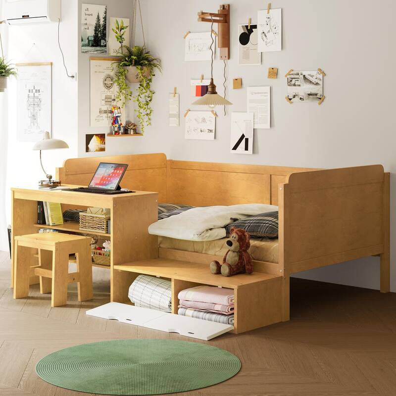 Multi-functional Wooden Daybed with Storage Shelves, Study Desk, Lockers, and Matching Stool