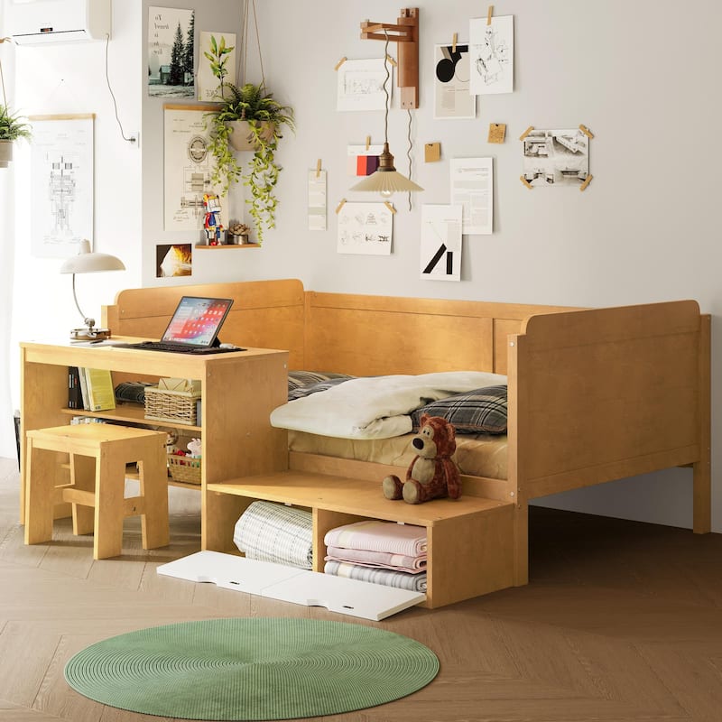 Multifunctional Wooden Twin Daybed with Desk, Storage Shelves, Lockers, and Matching Stool