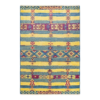 Overton Hand Knotted Wool Contemporary Striped Blue Area Rug - 5' x 8'