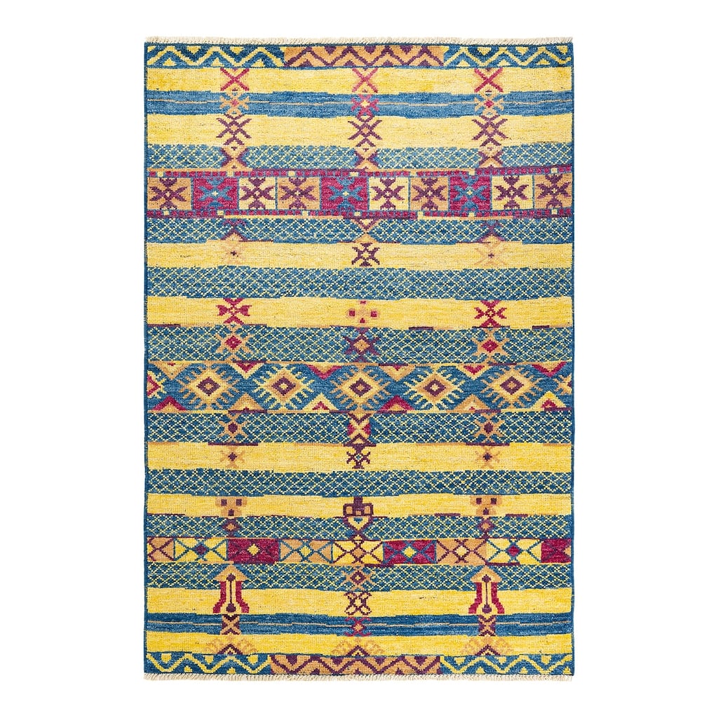 Overton Hand Knotted Wool Contemporary Striped Blue Area Rug - 5' x 8'