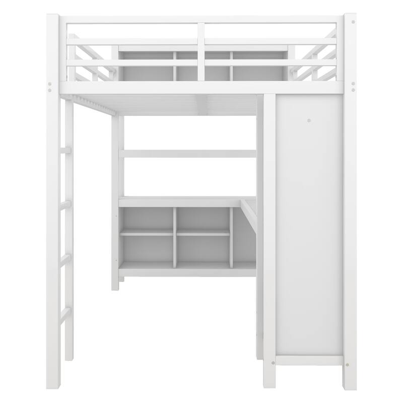 Full Size Metal Loft Bed with Wardrobe, L-shaped Desk, and Storage Shelves, White