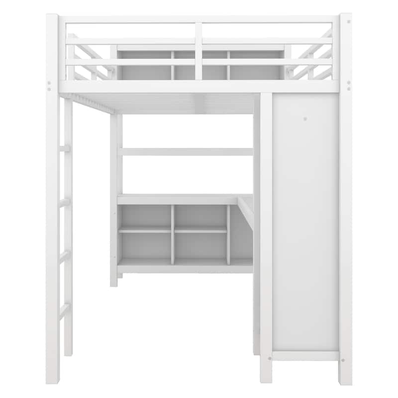 Metal Loft Bed with Wardrobe And L-shaped Desk, Full Size Loft Bed with Storage Cubes and Shelves, Heavy Duty Loft Bed