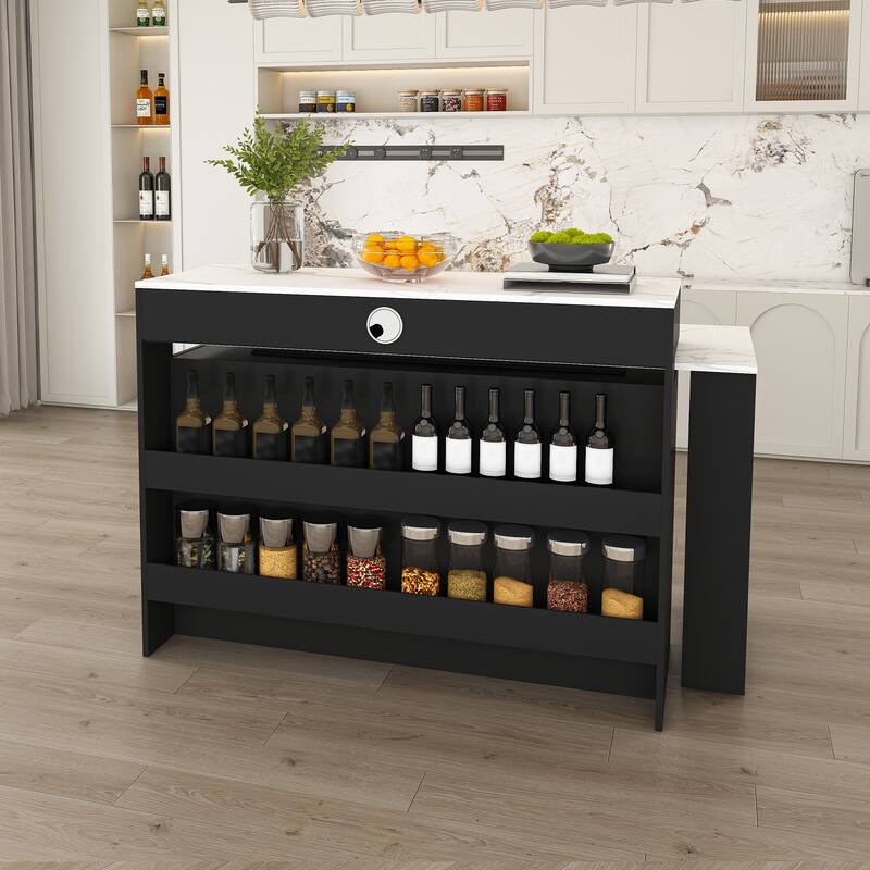 Kitchen Island with Extendable & Rotating Table, Kitchen Table with Power Outlet, 4 Drawers & Glass Door Cabinets