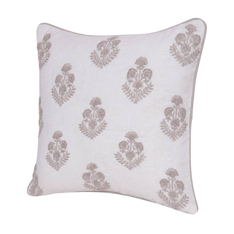 Sevita Hand-Woven Natural/Cream Floral Linen Throw Pillow, 20" x 20"
