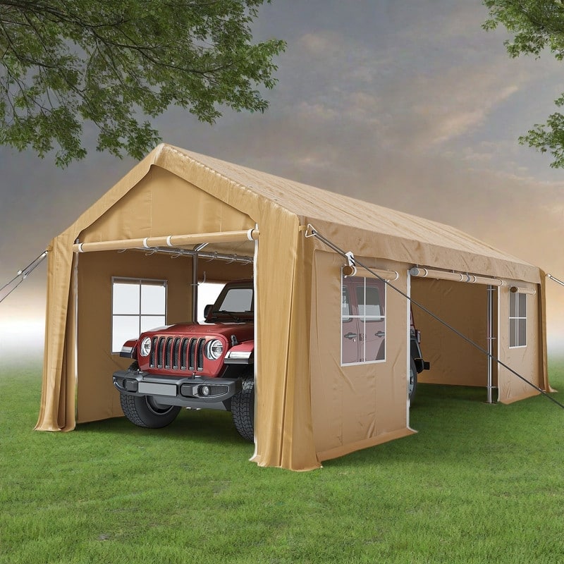 10'x20' Heavy Duty Carport, Portable Garage with Roll-Up Doors & Windows, Waterproof Canopy for Car Boat