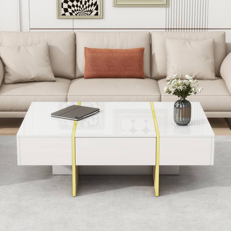 Roomfitters Modern High Gloss Coffee Table with Golden Wood Grain Legs, Rectangle Center Table with Storage