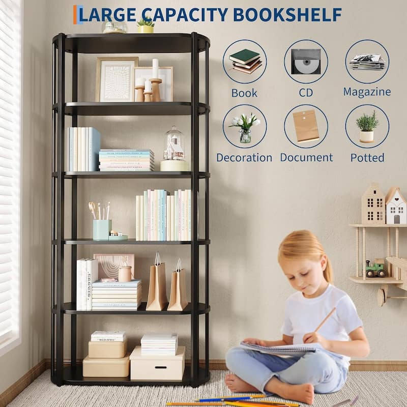 6 Tier Freestanding Open Storage Industrial Bookshelf, Bookcase for Bedroom, Living Room