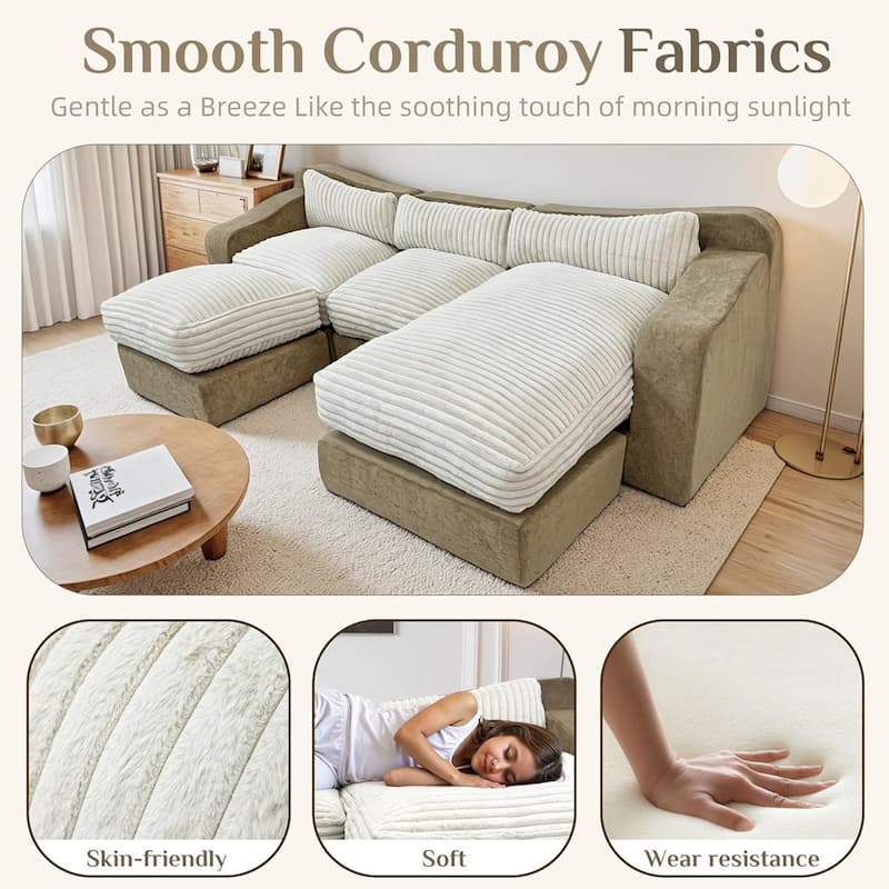 WOWMAX 122'' U Shaped Couch Modular Sectional Cloud Sofa 4 Deep Seat Modern Corduroy Sofa Set For Living Room