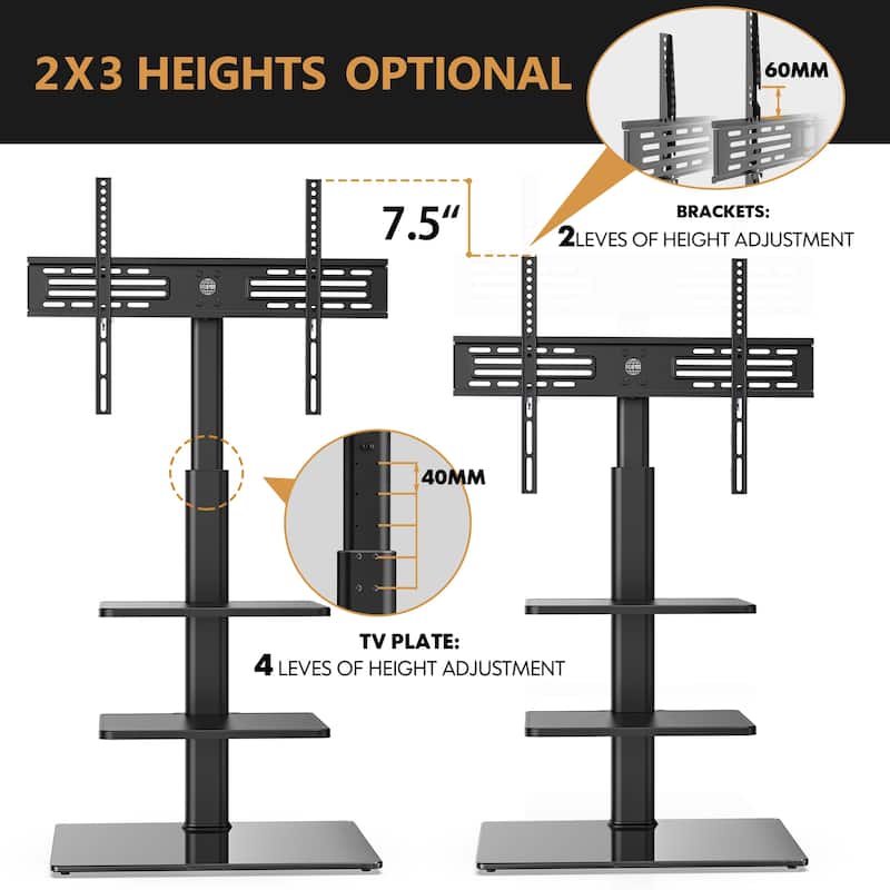 FITUEYES Tempered Glass Base Floor TV Stand for 32-65 inch TVs with Two Shelves