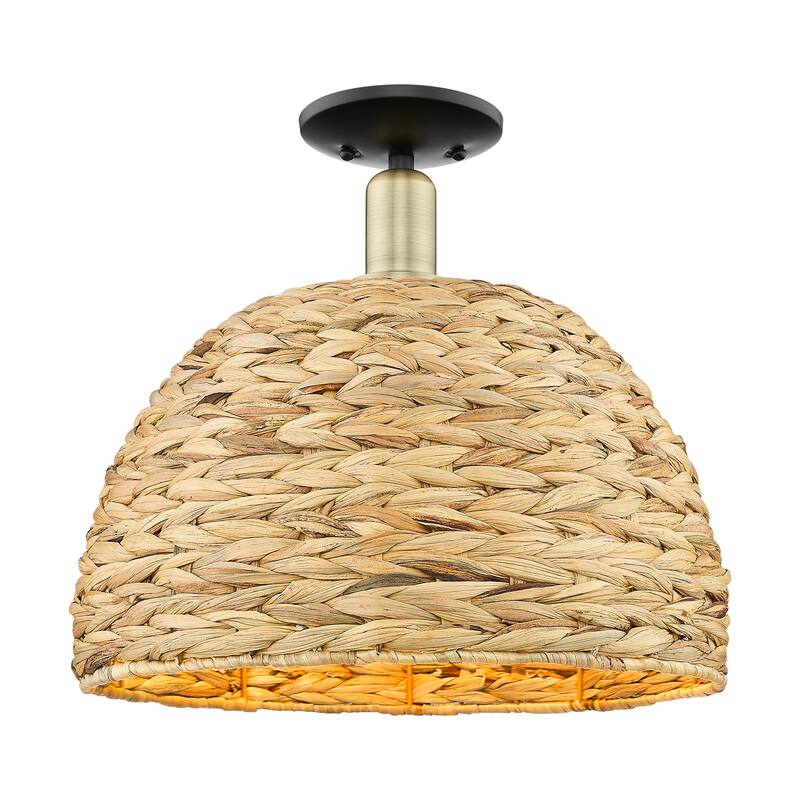Innovations Lighting Endless Possibilities Arcadia - Woven Rattan - 1 Light 16" Semi-Flush Mount - Black Antique Brass
