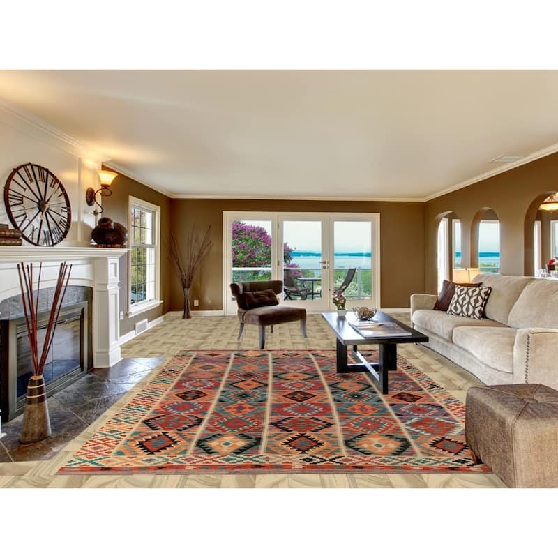 All-Over Geometric Kilim Reversible Area Rug Hand-Woven Wool Carpet - 8'2"x 11'2"