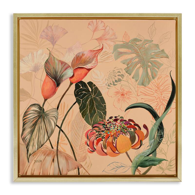 Stupell Layered Tropical Foliage Framed Floater Canvas Wall Art Design By Dusza - 18 x 18 - Gold