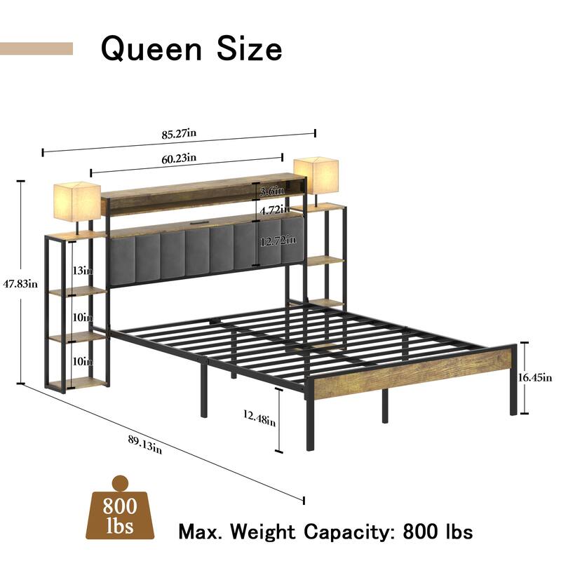 Queen King Size Platform Bed Frame with Storage, LED Lights, and Charging Station, Velvet Upholstered Headboard for Bedroom