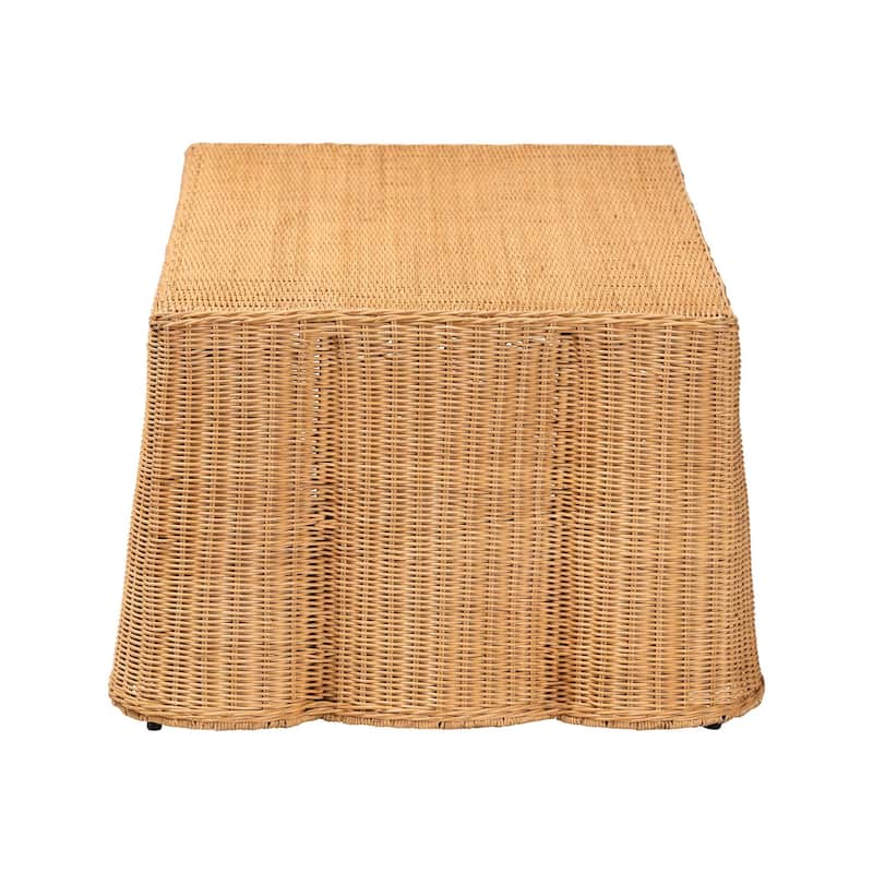 Palm Scalloped Rattan Coffee Table - Handwoven Wicker Rectangle Accent Table for Living Room, Patio or Sunroom