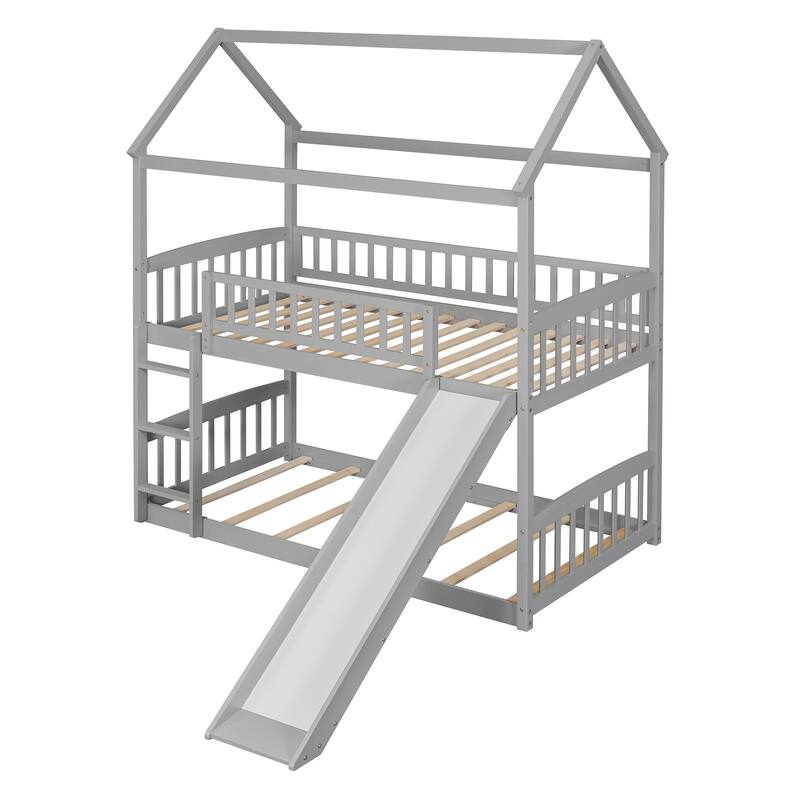 Twin Over Twin House Low Bunk Bed with Slide and Ladder, Noise Free On Sale Bed Bath