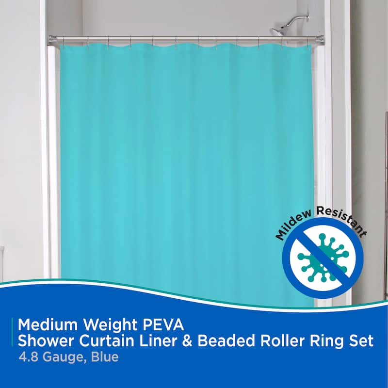 Kenney Medium Weight PEVA Shower Curtain Liner & Beaded Roller Ring Set, 70" W x 72" H