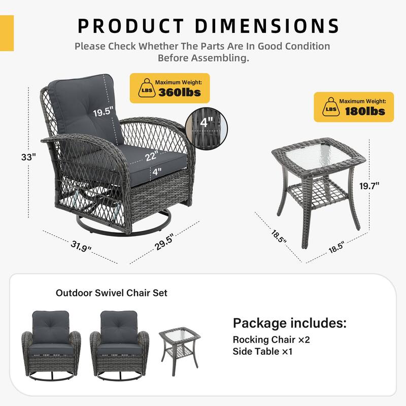 UPHA 3-Piece Patio Outdoor Wicker Swivel Rocking Chair Set with Side Table and Cushions