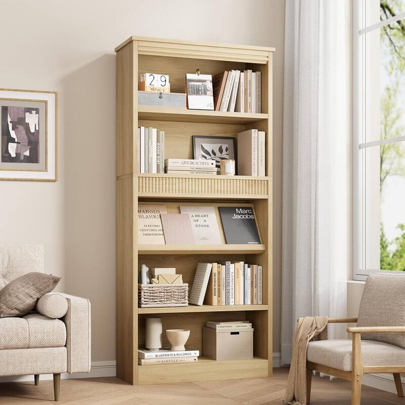 5-Tier Wooden Bookshelf, Sturdy Bookcase Perfect for Living Room, Bedroom - N/A - Khaki