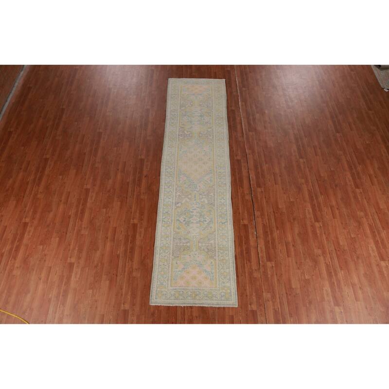 Hand Knotted Oriental 100% Wool Carpet Transitional Geometric Greys & Charcoal Oushak Runner Rug - 12' 1'' X 3' 1''