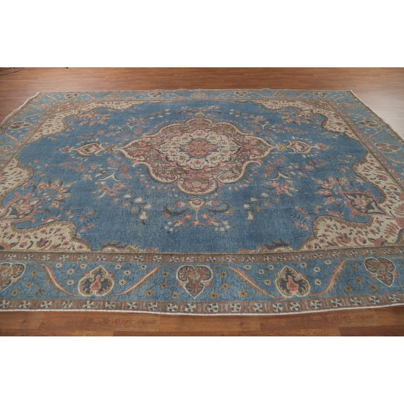 Blue Floral Tabriz Persian Antique Area Rug Hand-Knotted Wool Carpet - 9'6"x 12'10"