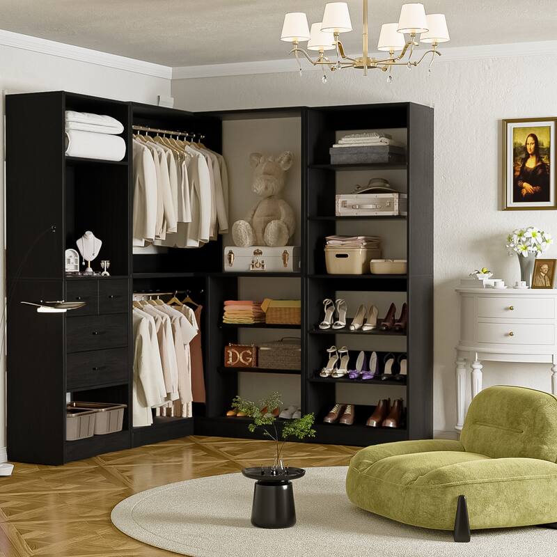 Cimly Set of 3 Corner Closet System with Drawers and Mirror, Multi-functional Closet Organizer with Shoe Racks - Black