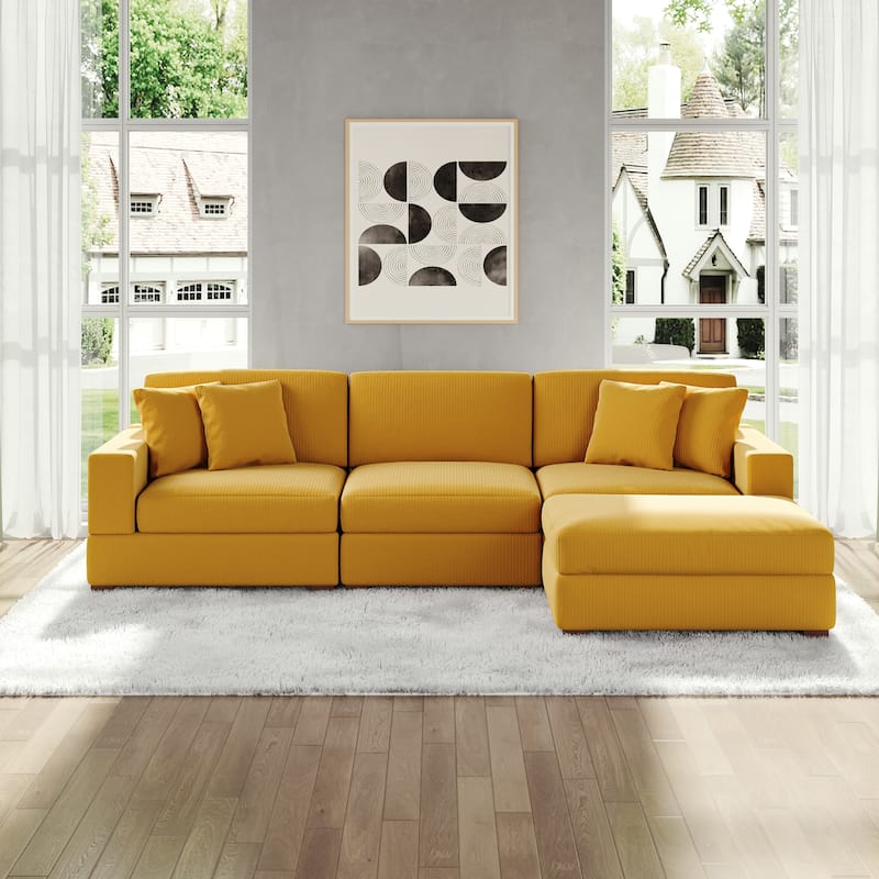 Modular Corduroy Sectional Sofa Set Chaise Couch with Ottoman - Orange-4 Piece