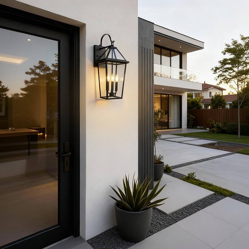26 in. 3-Light Black Outdoor Hardwired Wall Lantern Sconce with Clear Glass Shade