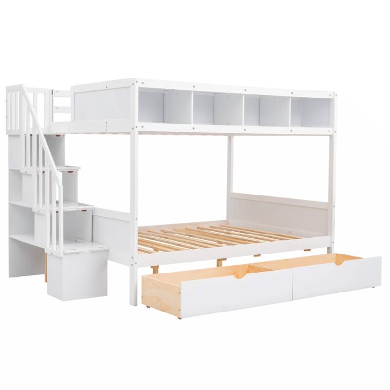 Twin over Full Bunk Bed with Shelfs, Storage Staircase and 2 Drawers