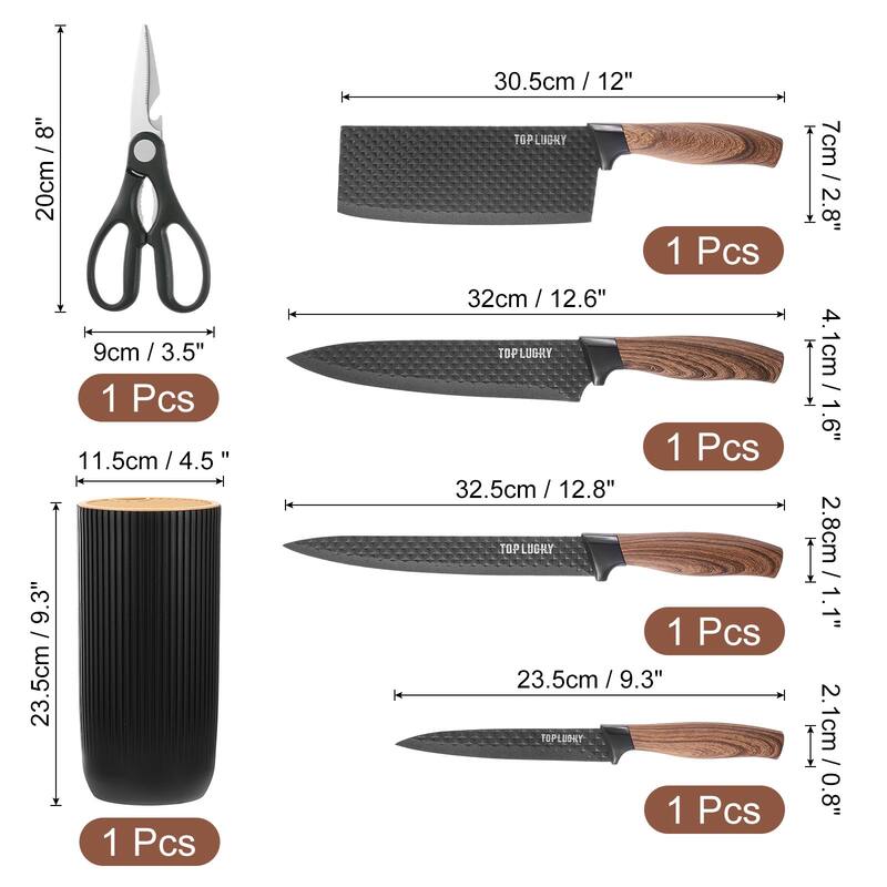 Kitchen Knife Set with Block, 6 Pcs Stainless Steel Knife Block Set - Black