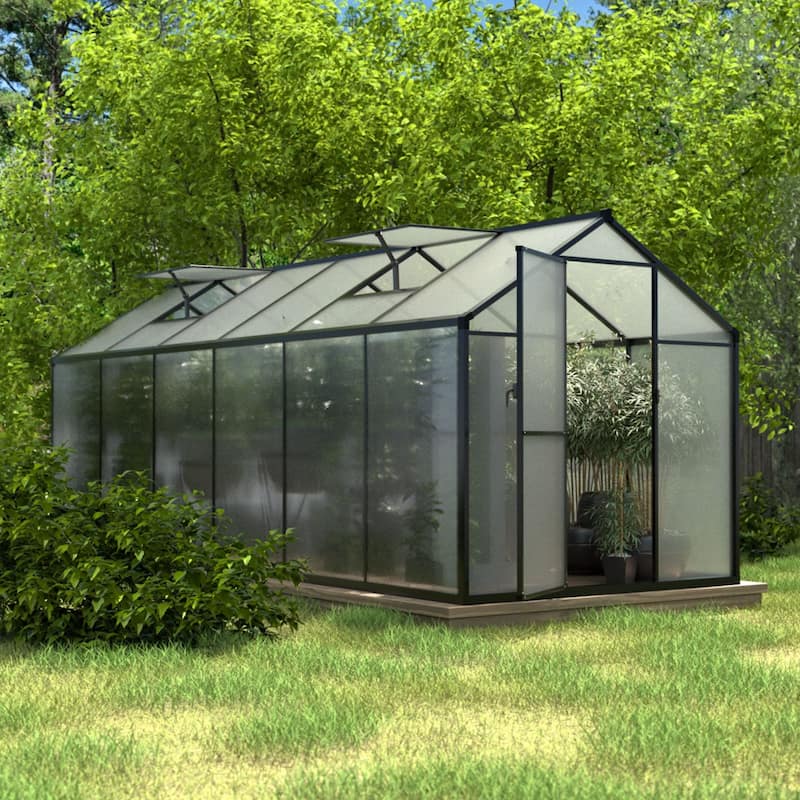 VEIKOUS Aluminum Walk-In Garden Greenhouse Kit with Adjustable Roof Vent and Lockable Door Grey - 6' x 12'