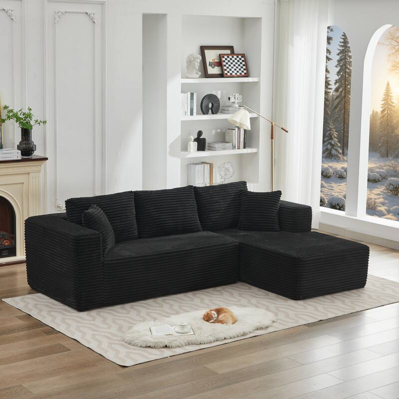 106" L-Shape Sectional Couch with Right Chaise, Deep Seat Modern Sofa, Black Corduroy, No Assembly