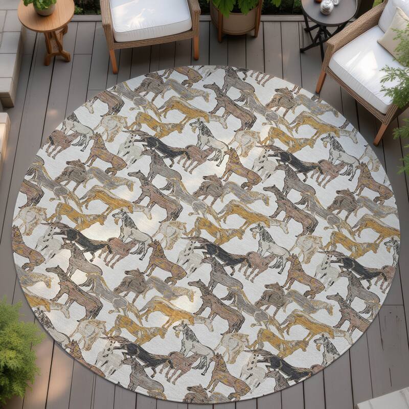 Machine Washable Indoor/ Outdoor Horse Herd Chantille Rug - Ivory - 8' x 8'