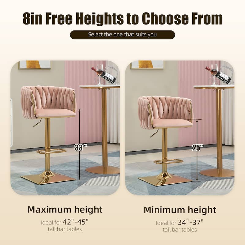 Velvet Upholstered Swivel Adjustable Height Bar Stools With Metal Footrest（set of 2）