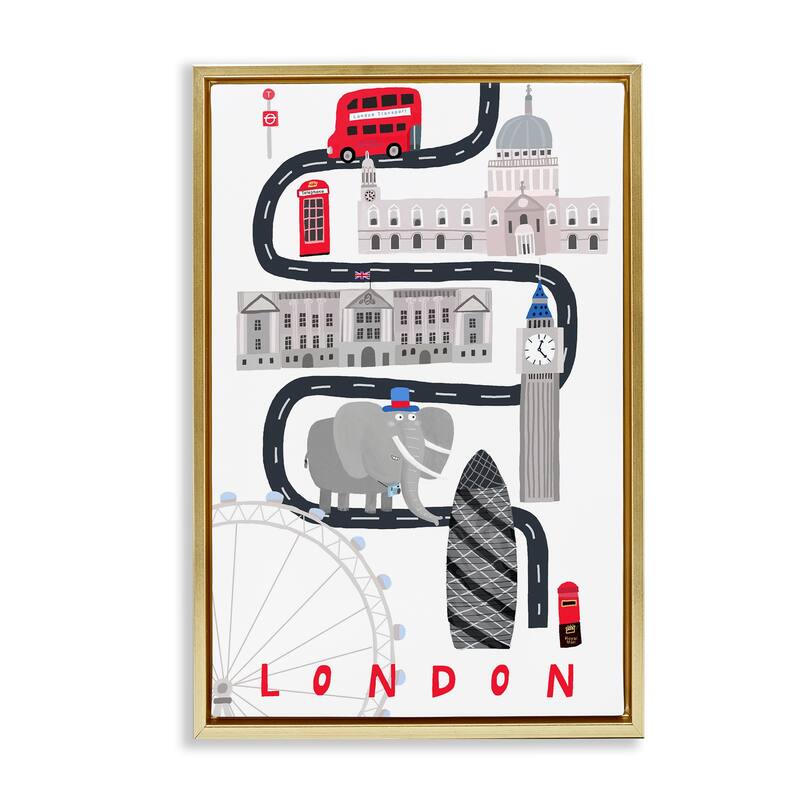 Stupell London Whimsical Travel City Framed Floater Canvas Wall Art Design By Carla Daly - 21 x 31 - Gold