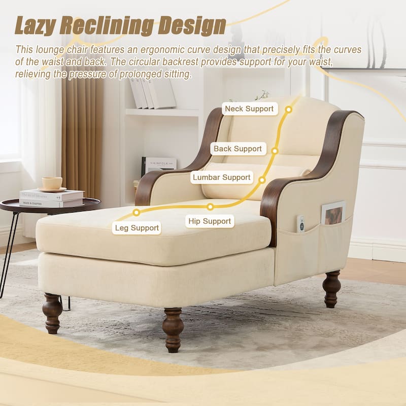 Ergonomic Chaise Lounge Indoor Chenille Single Lazy Sleeper Sofa Bed with Side Pockets, Solid Wood Armrests and Foots
