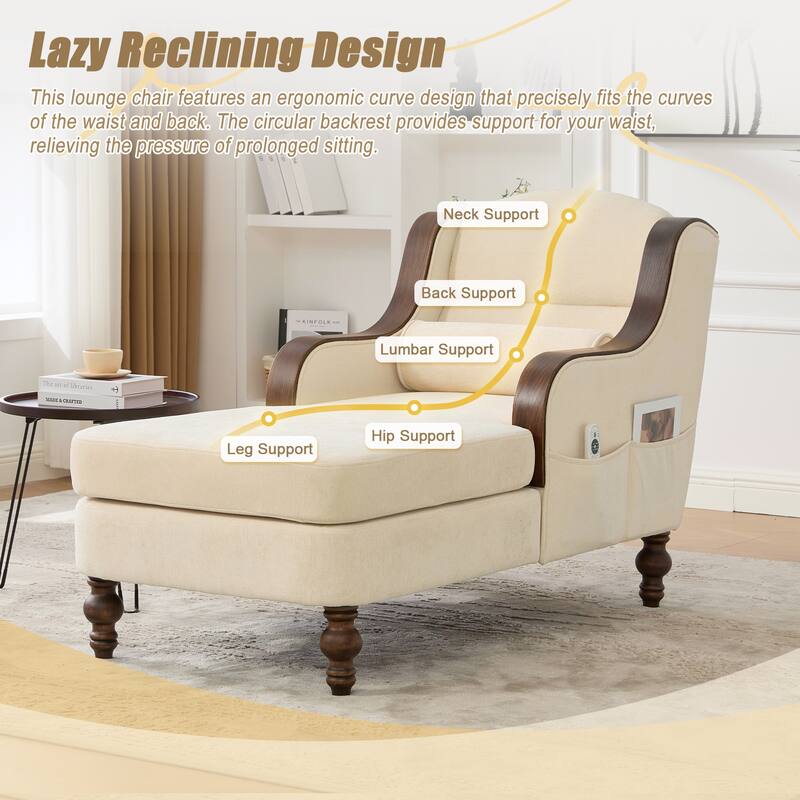 HOMEFUN Chenille Upholstered Wood Frame Oversized Chaise Lounge Single Sofa Bed with Side Pocket for Living Room,Bedroom